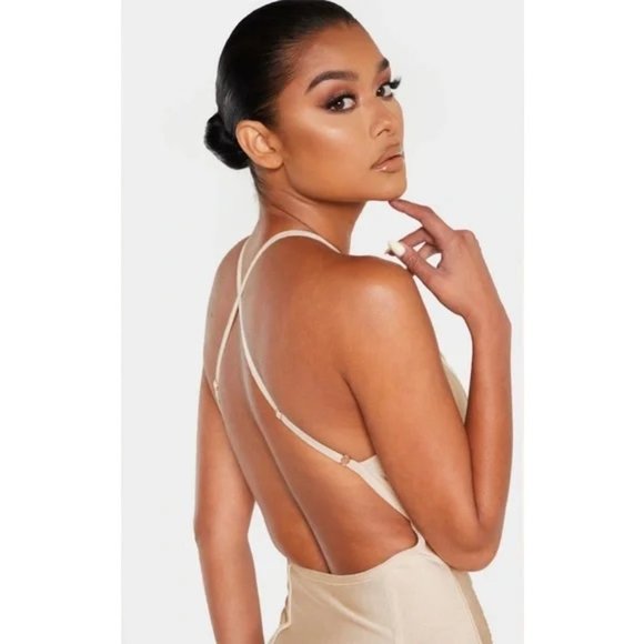PRETYLITTLETHING Champagne Cross Strap Snatched Bandage Midi Dress | Size 2 - Picture 4 of 10